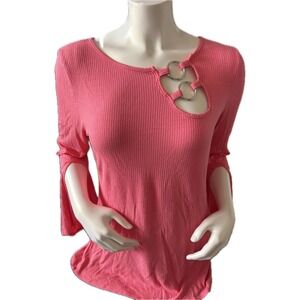 Boston Proper Pink Ribbed Knit Top with Cutout and Silver Rings, Bell Sleeves